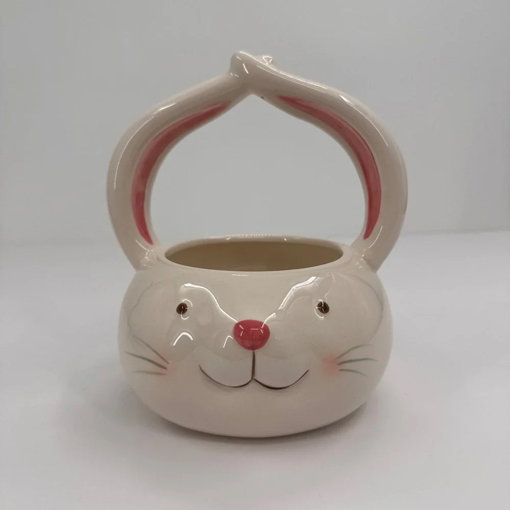 Blooming Blooms Ceramic Easter Bunny Basket Figural Rabbit Candy Dish White Pink